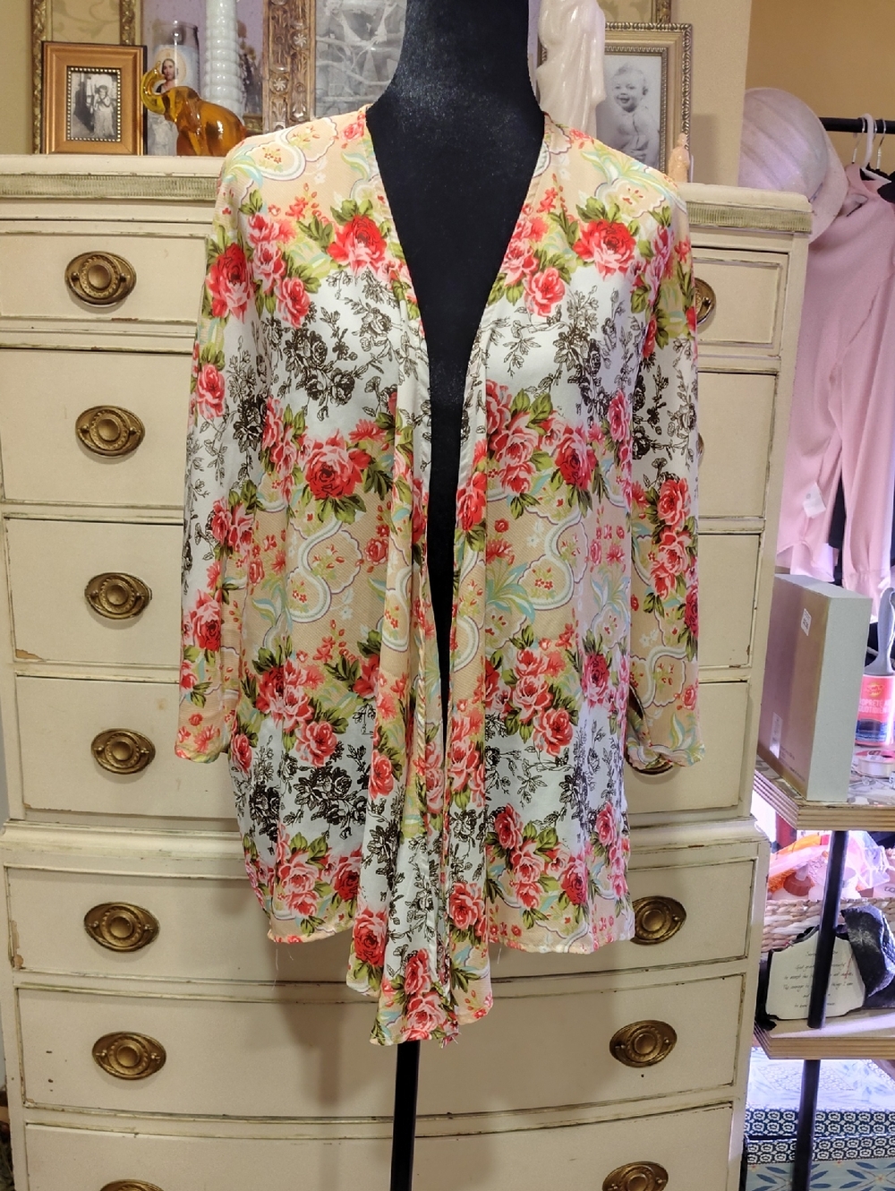 LA Hearts Cream Floral Open Front Blouse Sheer Pink Roses